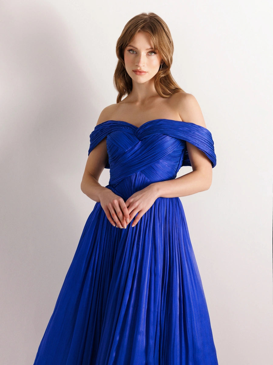 25003-Detaylı Korse Görünümlü Pliseli Kabarık Elbise