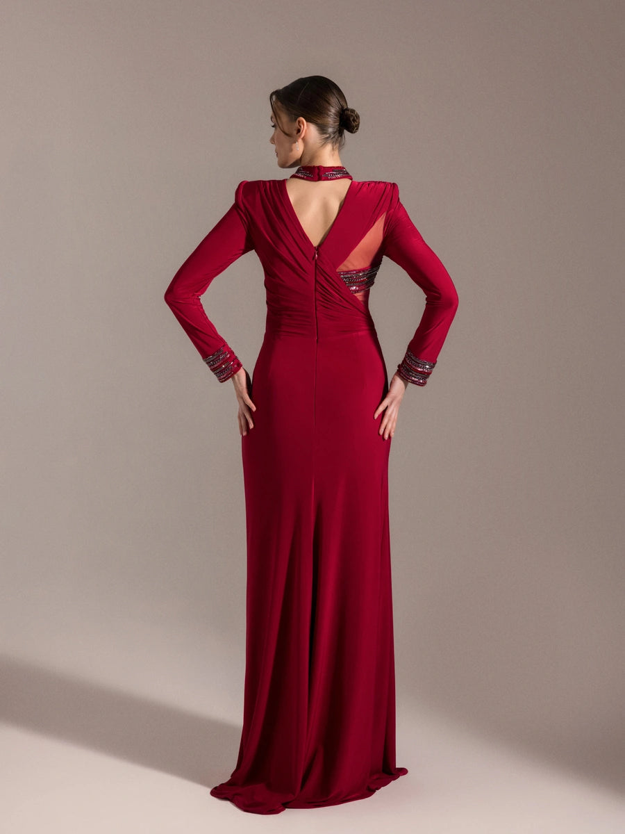 25013-Hakim Yaka Uzun Kollu Yıtmaçlı Drapeli Abiye Elbise