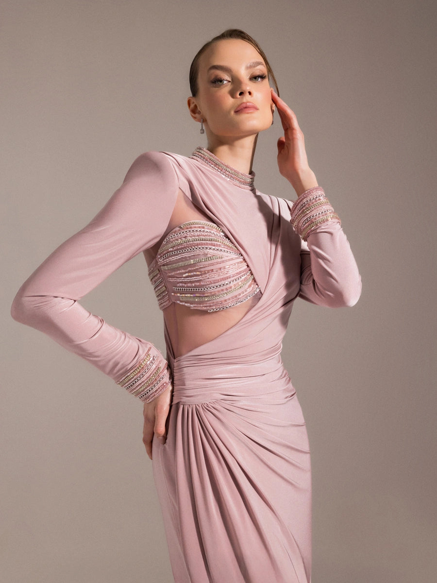 25013-Hakim Yaka Uzun Kollu Yıtmaçlı Drapeli Abiye Elbise