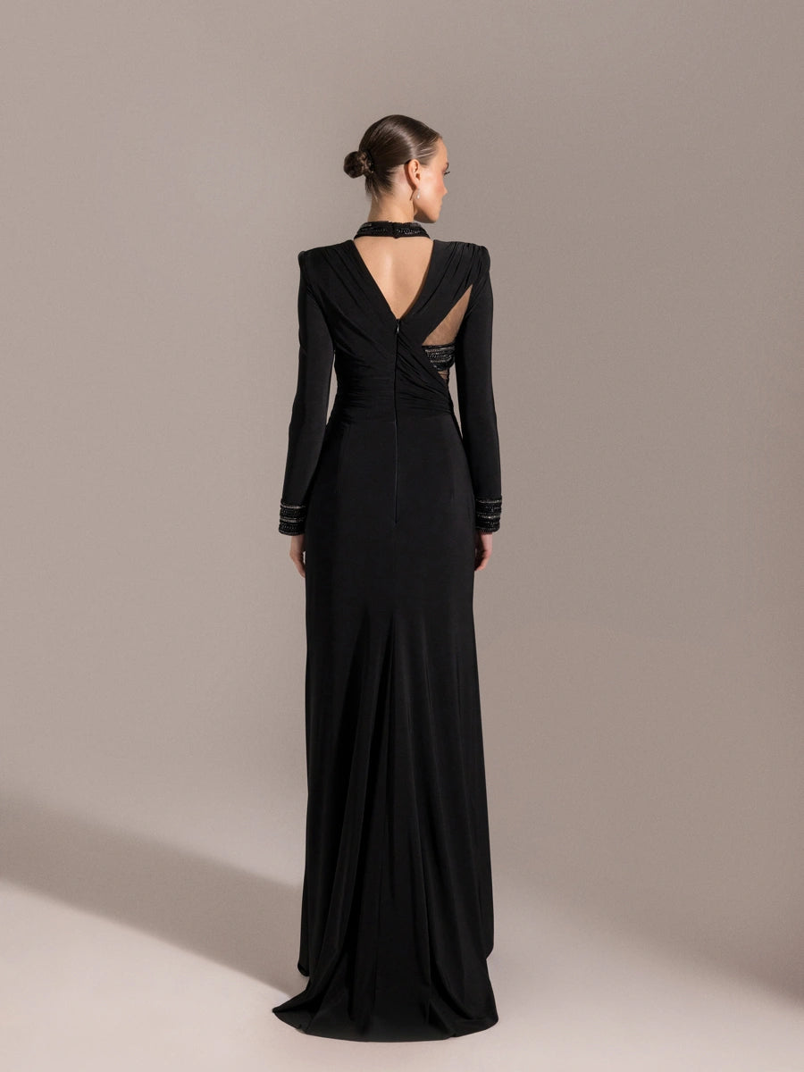 25013-Hakim Yaka Uzun Kollu Yıtmaçlı Drapeli Abiye Elbise