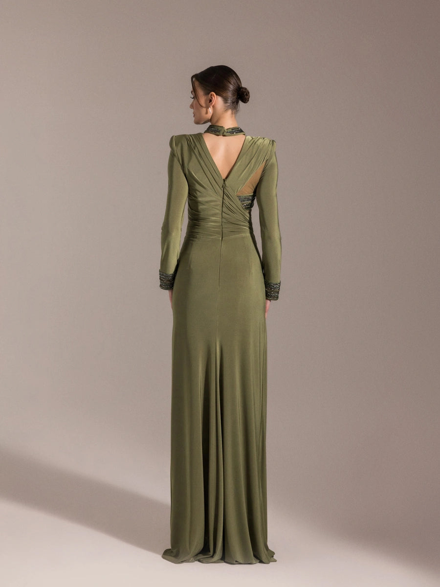 25013-Hakim Yaka Uzun Kollu Yıtmaçlı Drapeli Abiye Elbise