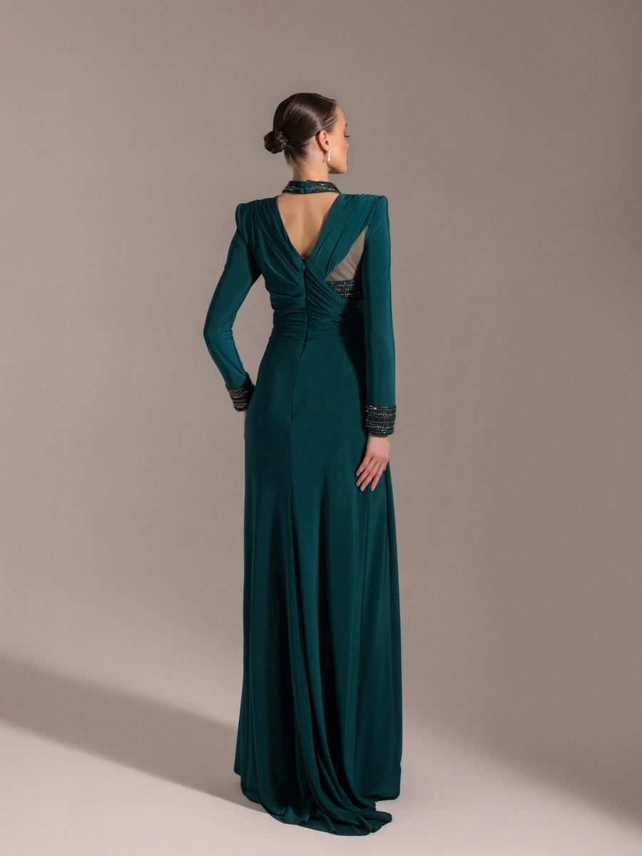 25013-Hakim Yaka Uzun Kollu Yıtmaçlı Drapeli Abiye Elbise