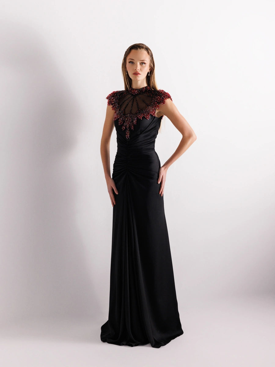 25017-İşleme Detaylı Hakim Yaka Balık Abiye Elbise