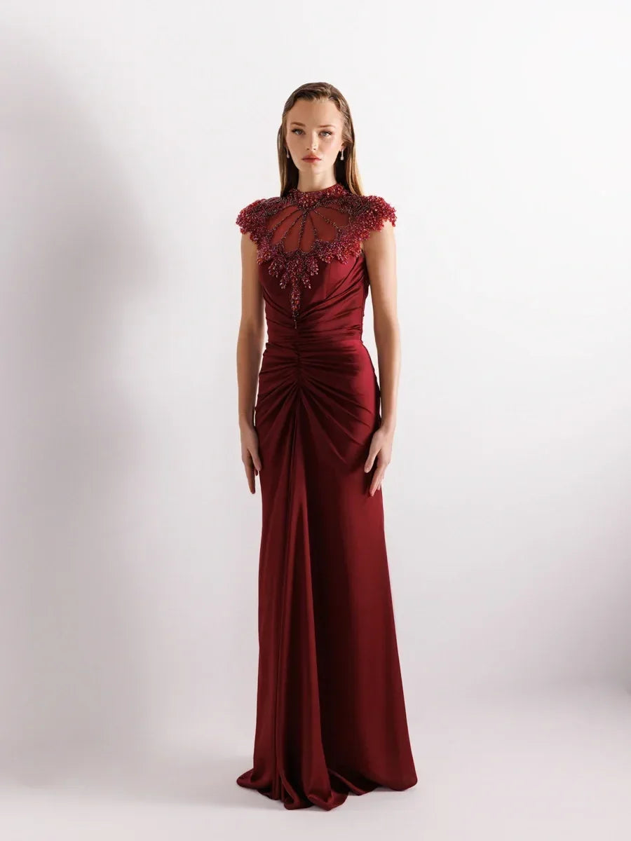 25017-Embroidered, High-Neck Draped Satin Mermaid Dress