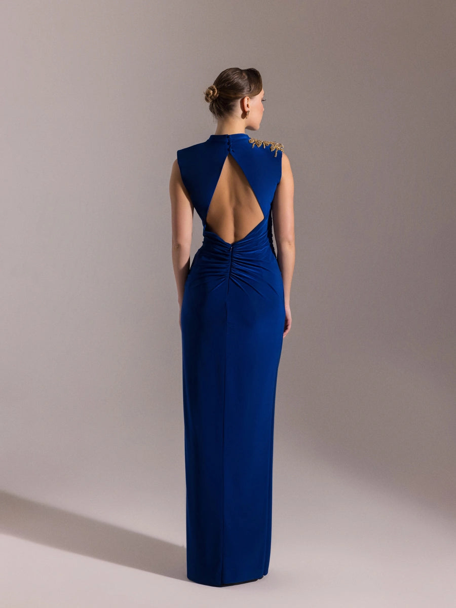 25019-Vatkalı Hakim Yaka Yırtmaçlı Uzun Abiye Elbise