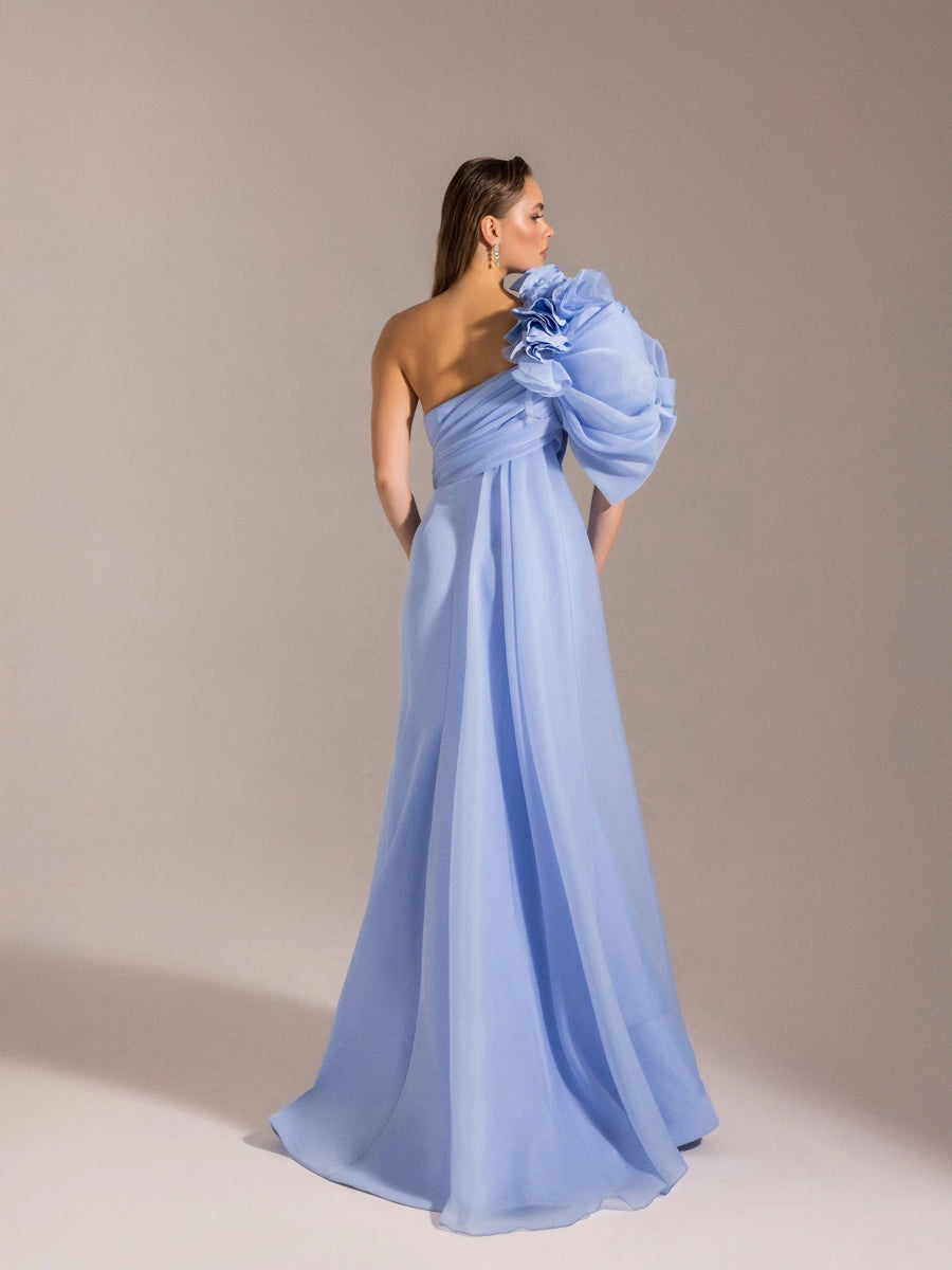 25023-Tek Omuz Çiçek Detaylı Balık Abiye Elbise