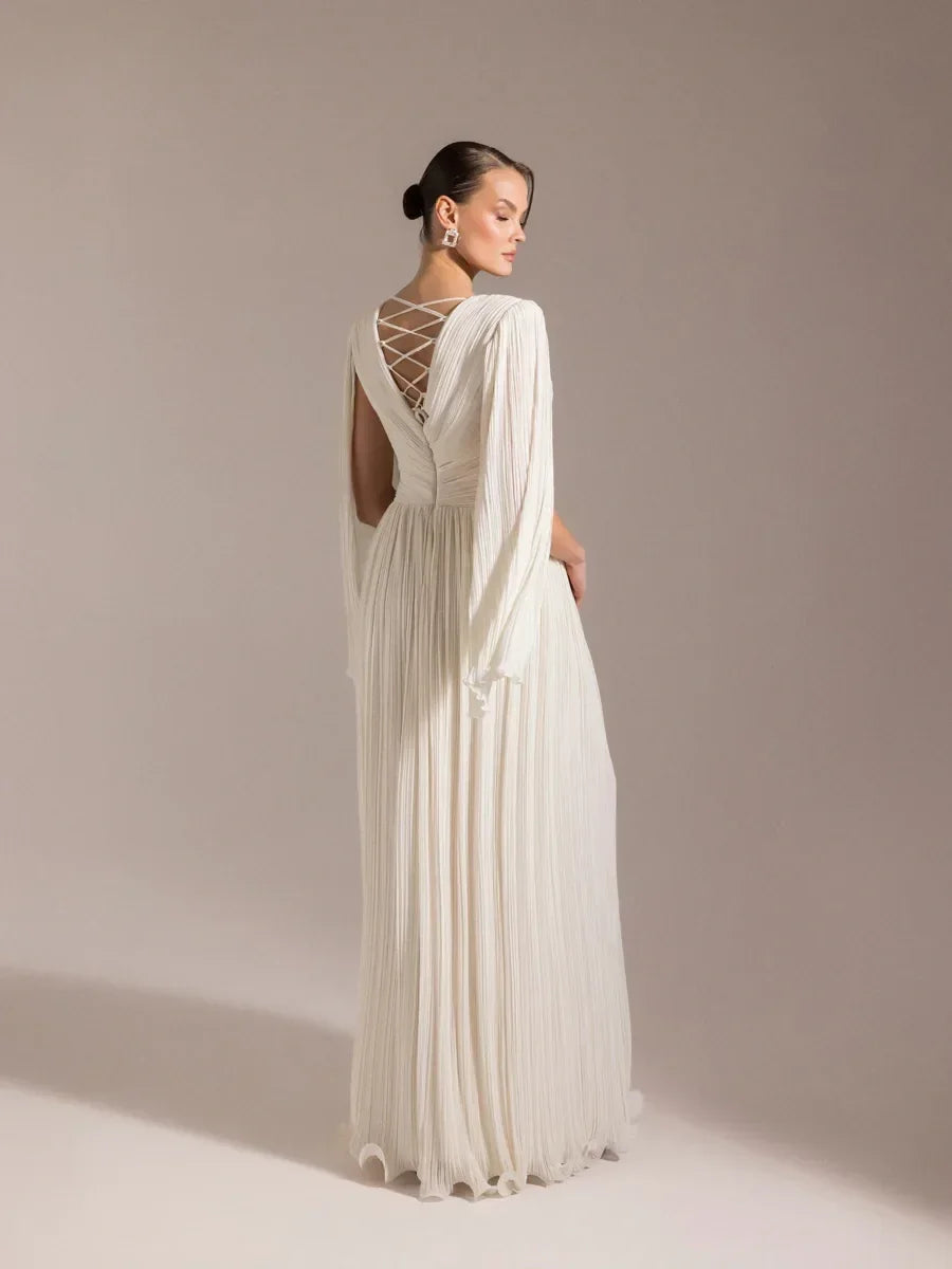 25024-Long Sleeve Flared Evening Dress Fuchsia / 38