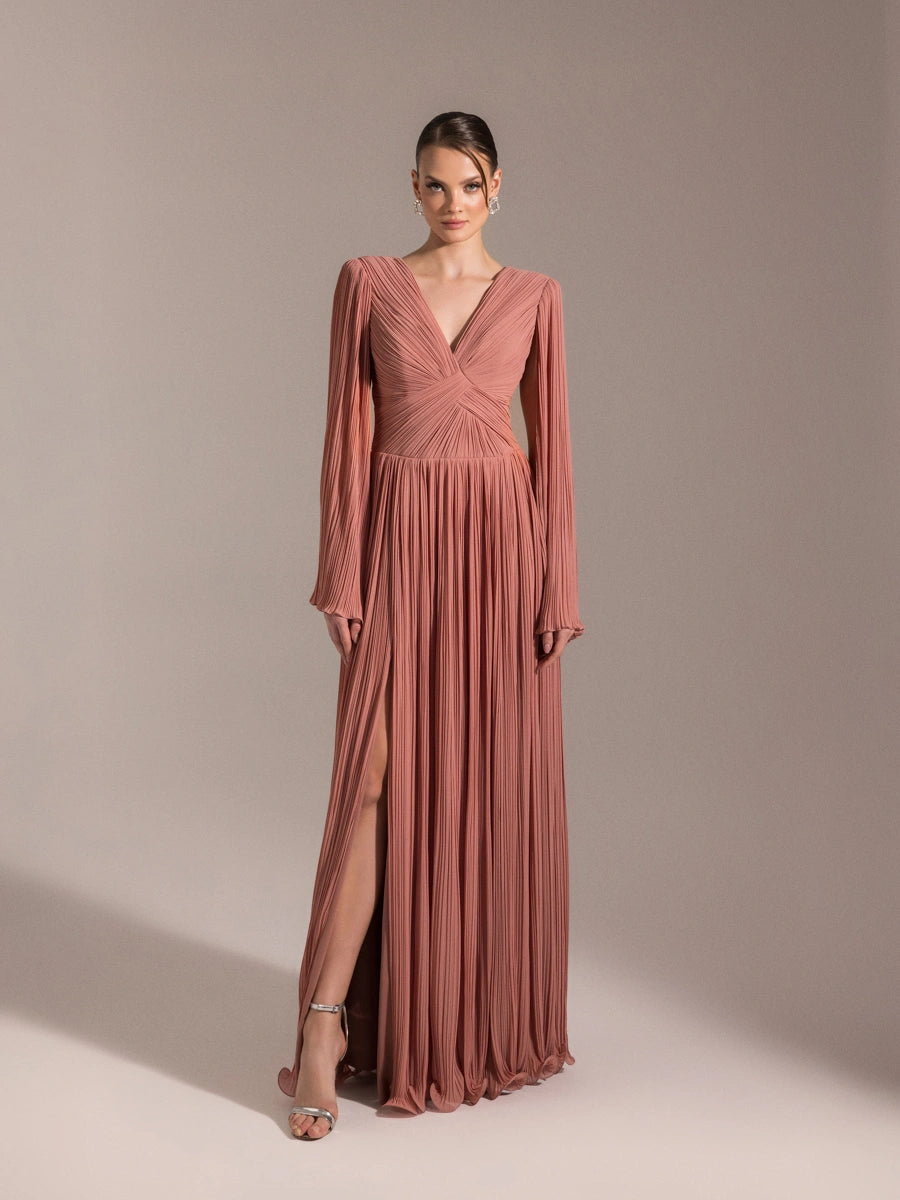 25024-Uzun Kol Kloş Abiye Elbise