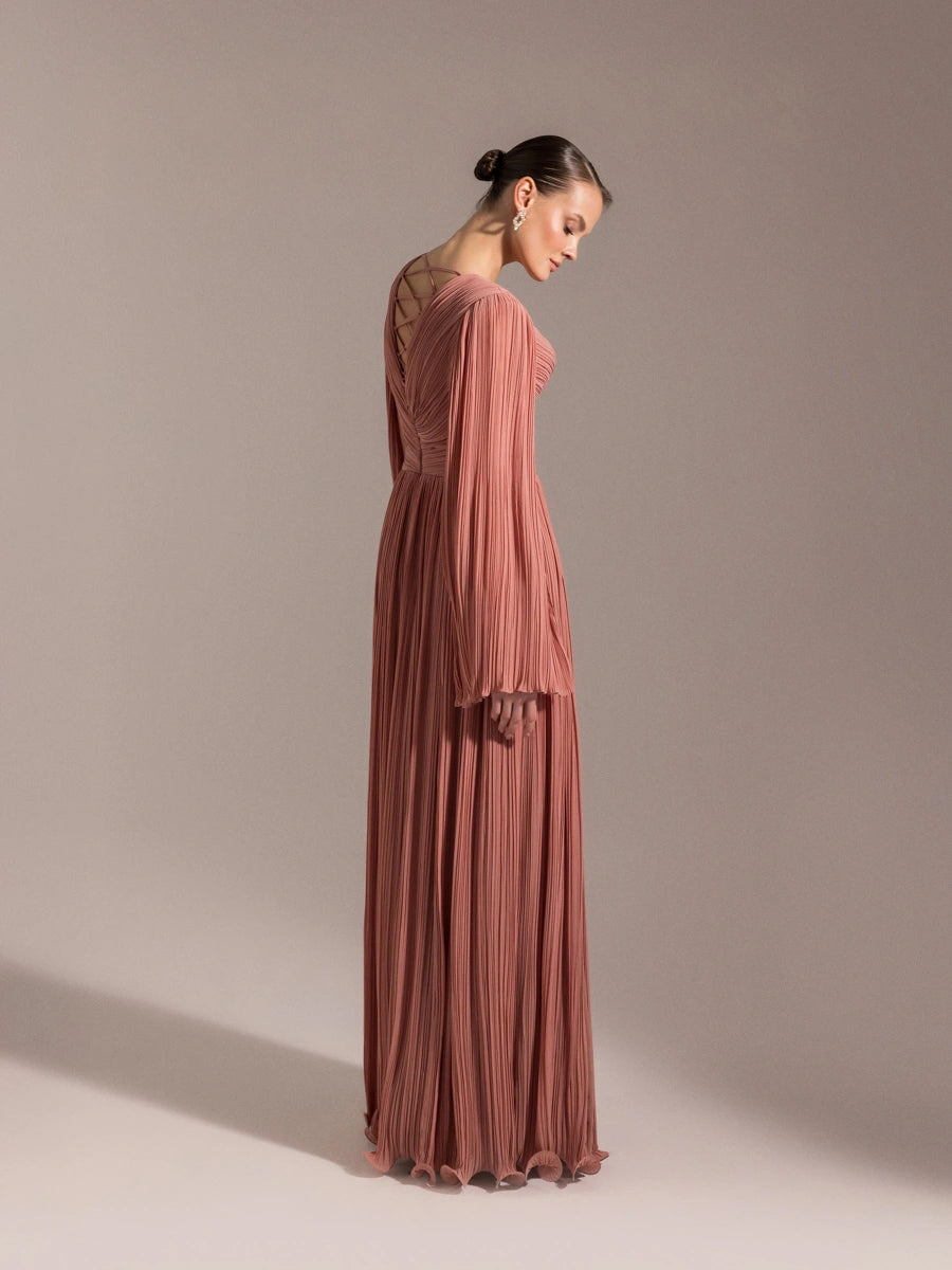 25024-Uzun Kol Kloş Abiye Elbise