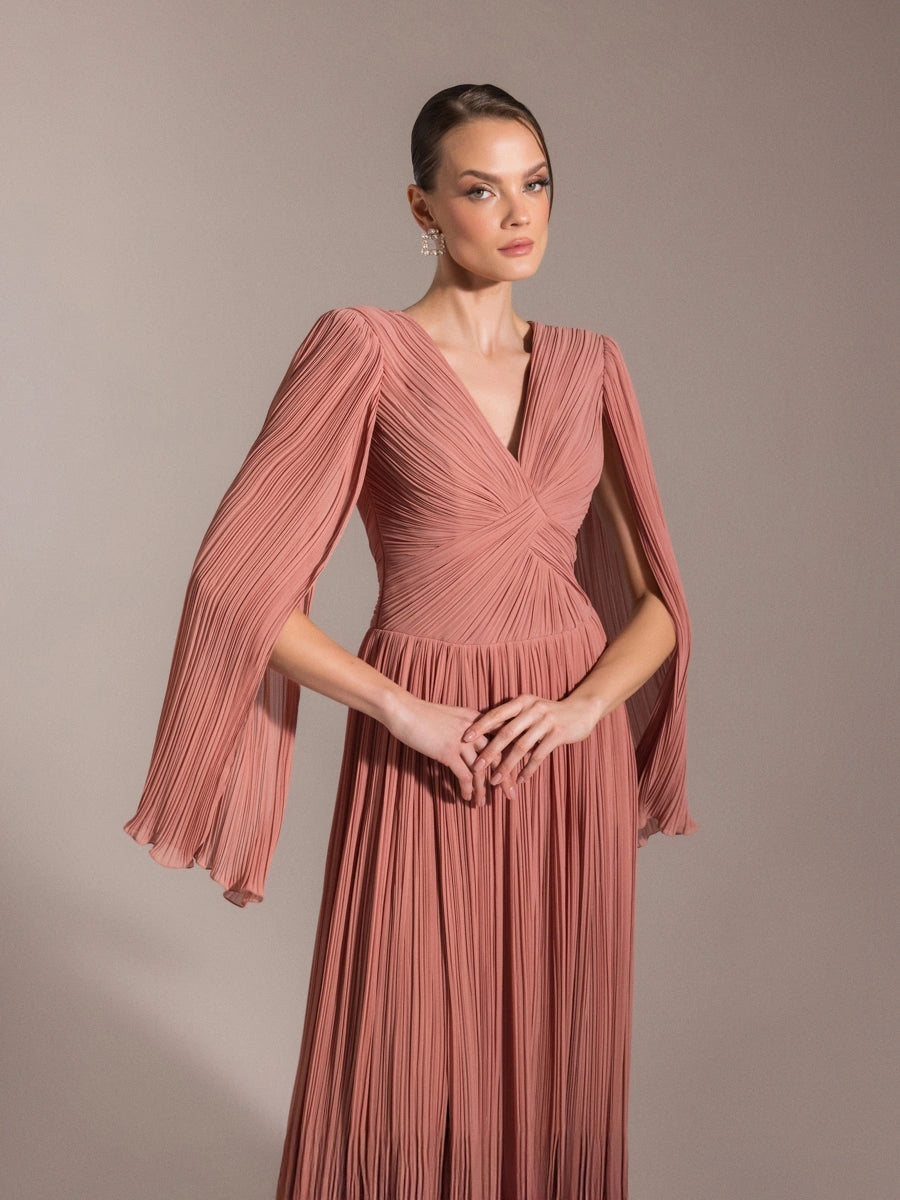 25024-Uzun Kol Kloş Abiye Elbise