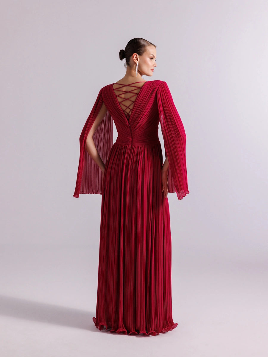 25024-Uzun Kol Kloş Abiye Elbise