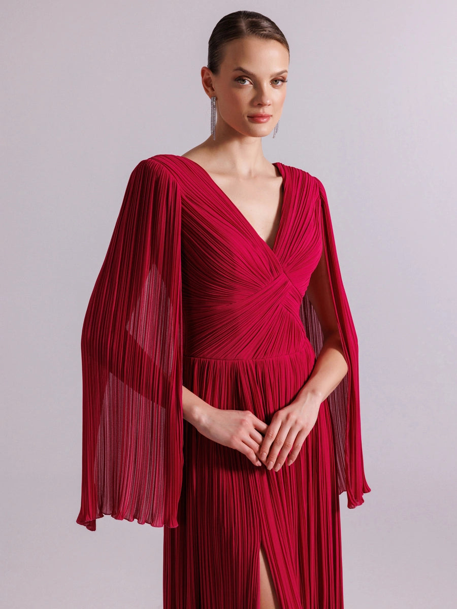 25024-Uzun Kol Kloş Abiye Elbise