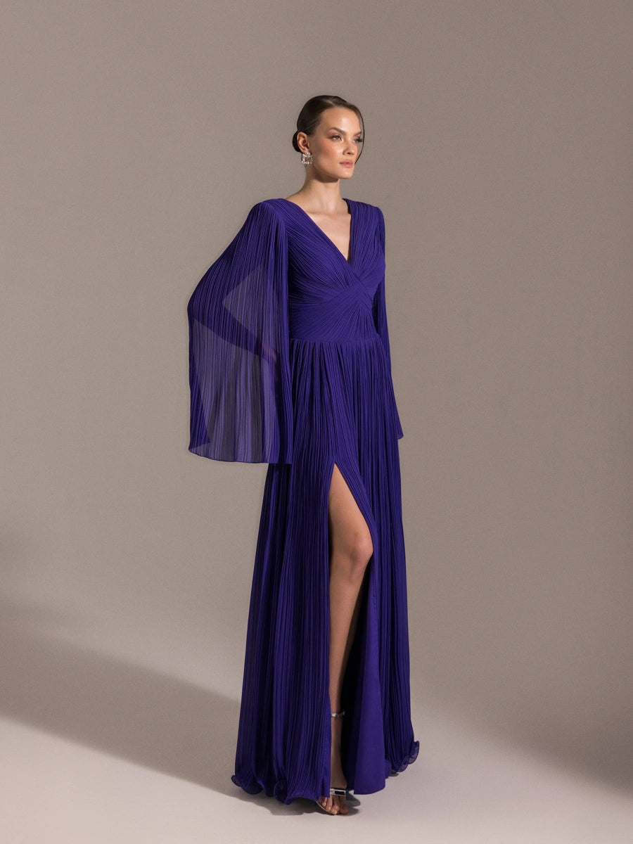 25024-Uzun Kol Kloş Abiye Elbise