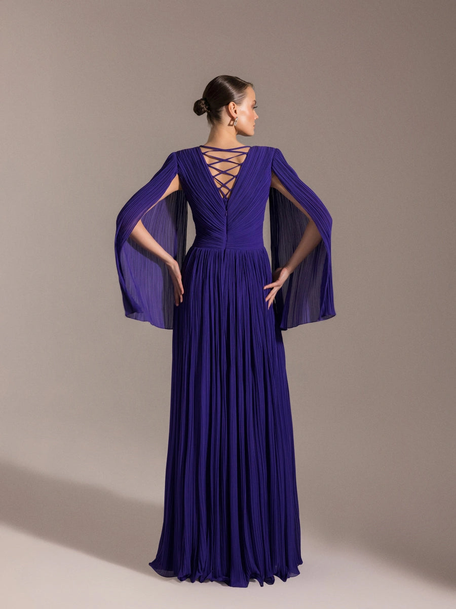 25024-Uzun Kol Kloş Abiye Elbise