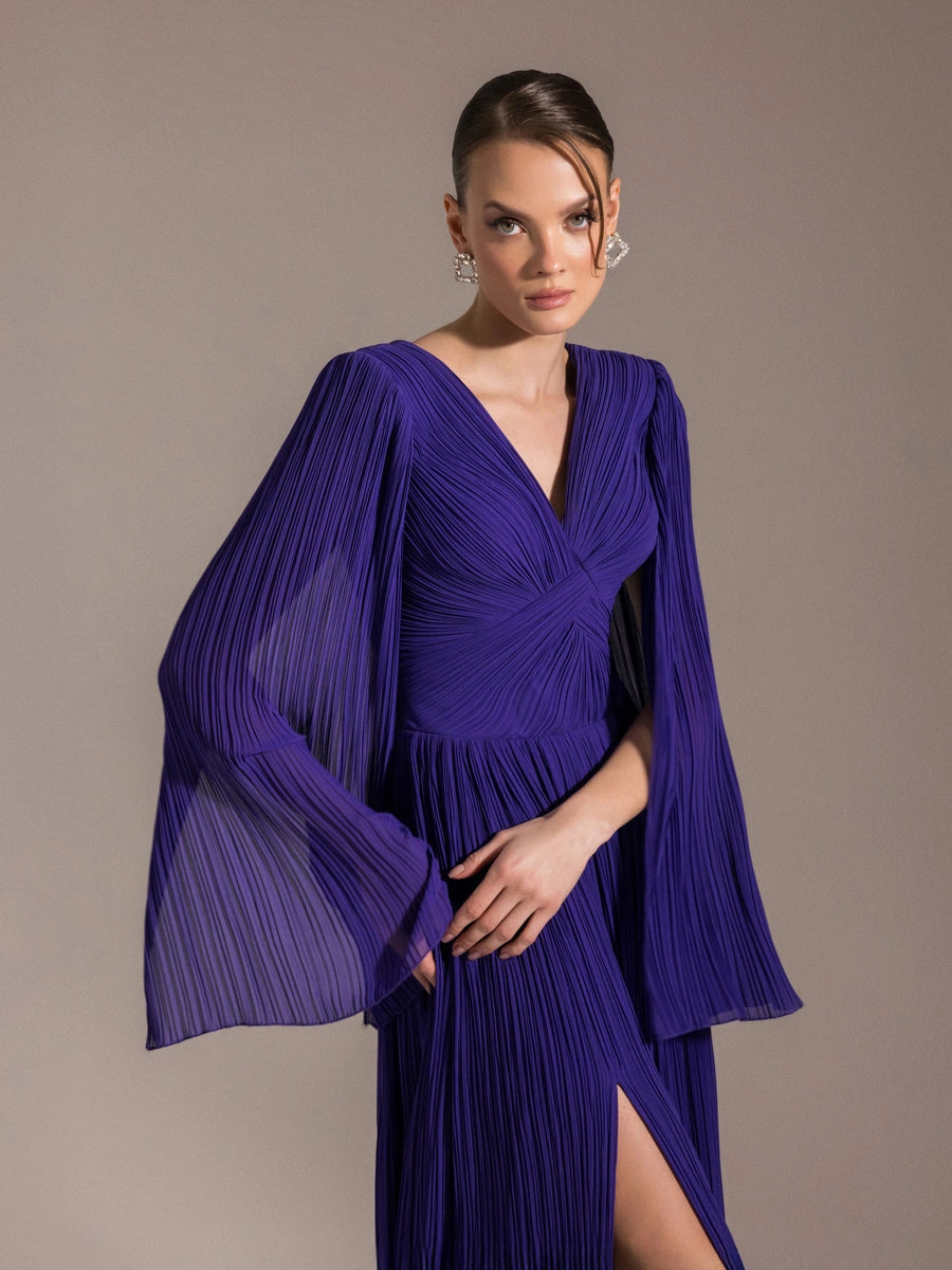 25024-Uzun Kol Kloş Abiye Elbise