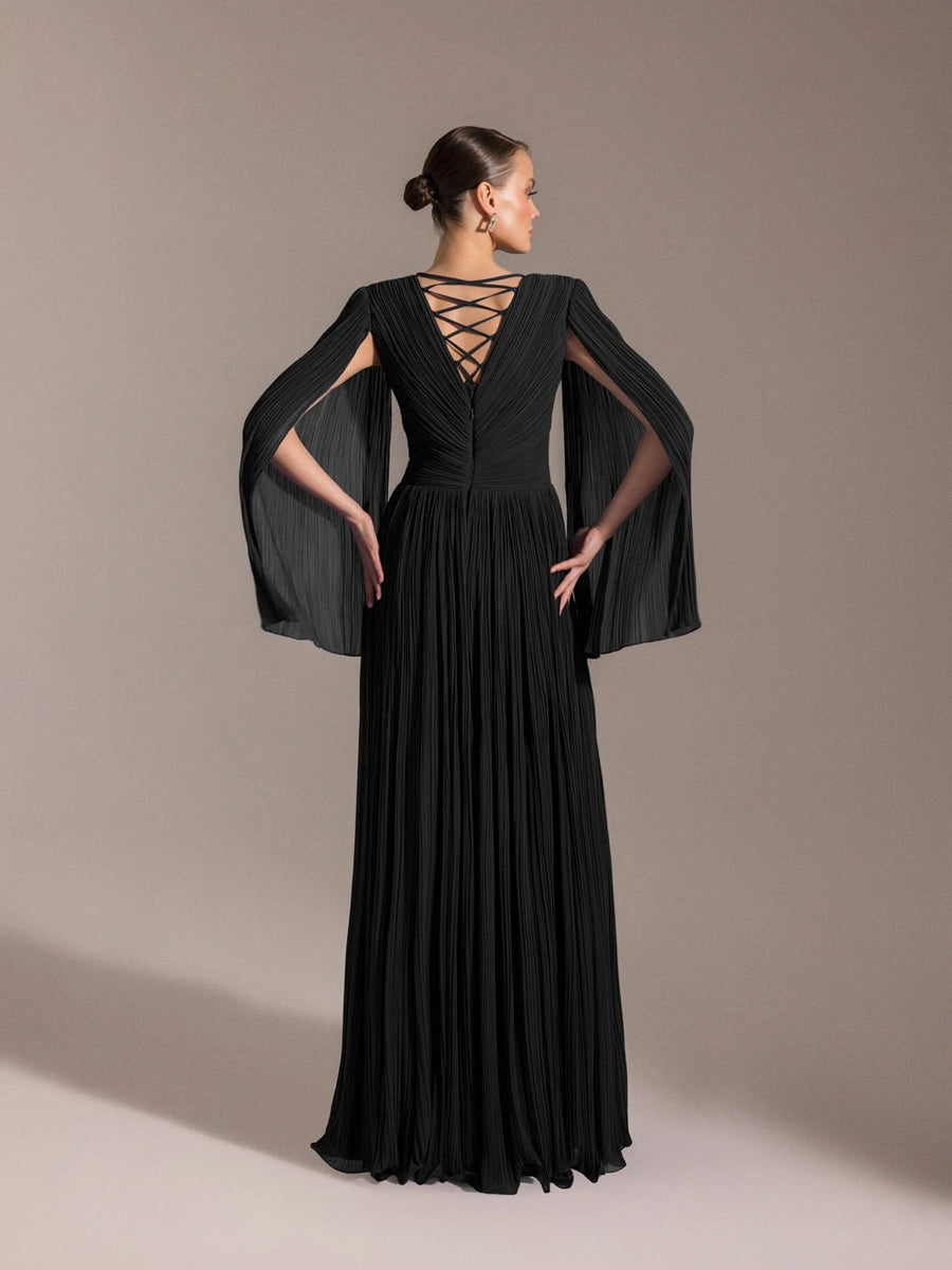 25024-Uzun Kol Kloş Abiye Elbise