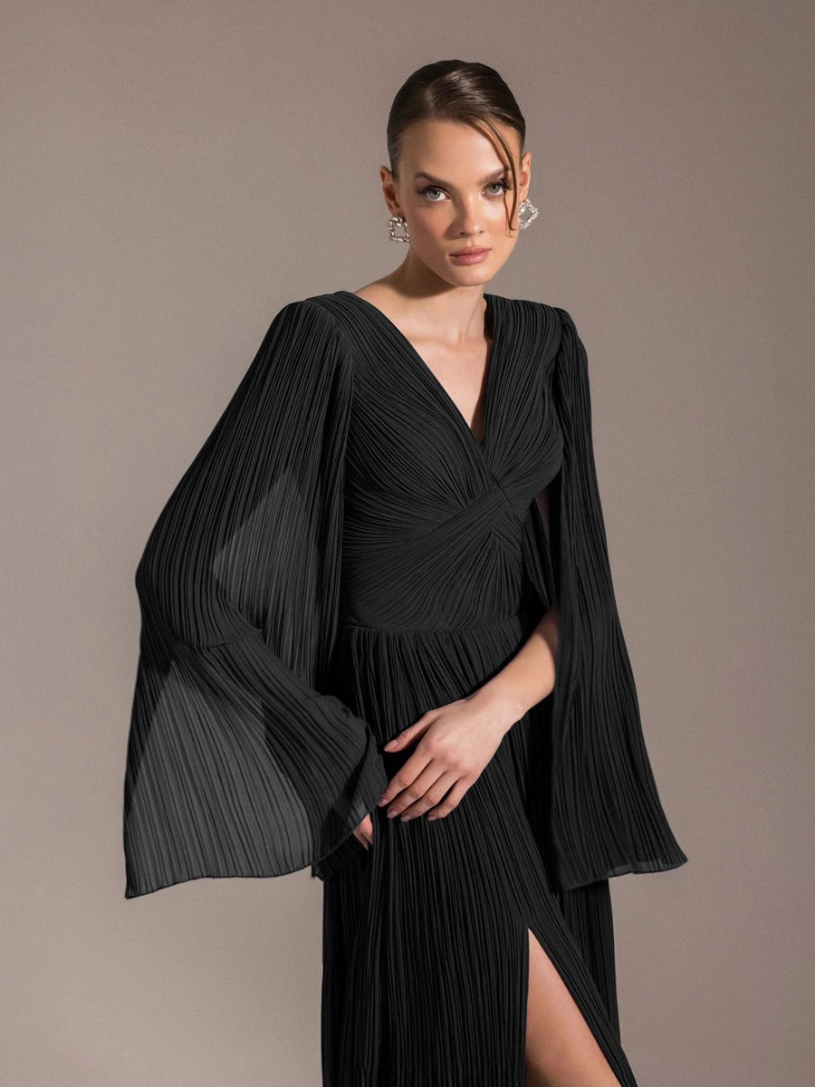 25024-Uzun Kol Kloş Abiye Elbise