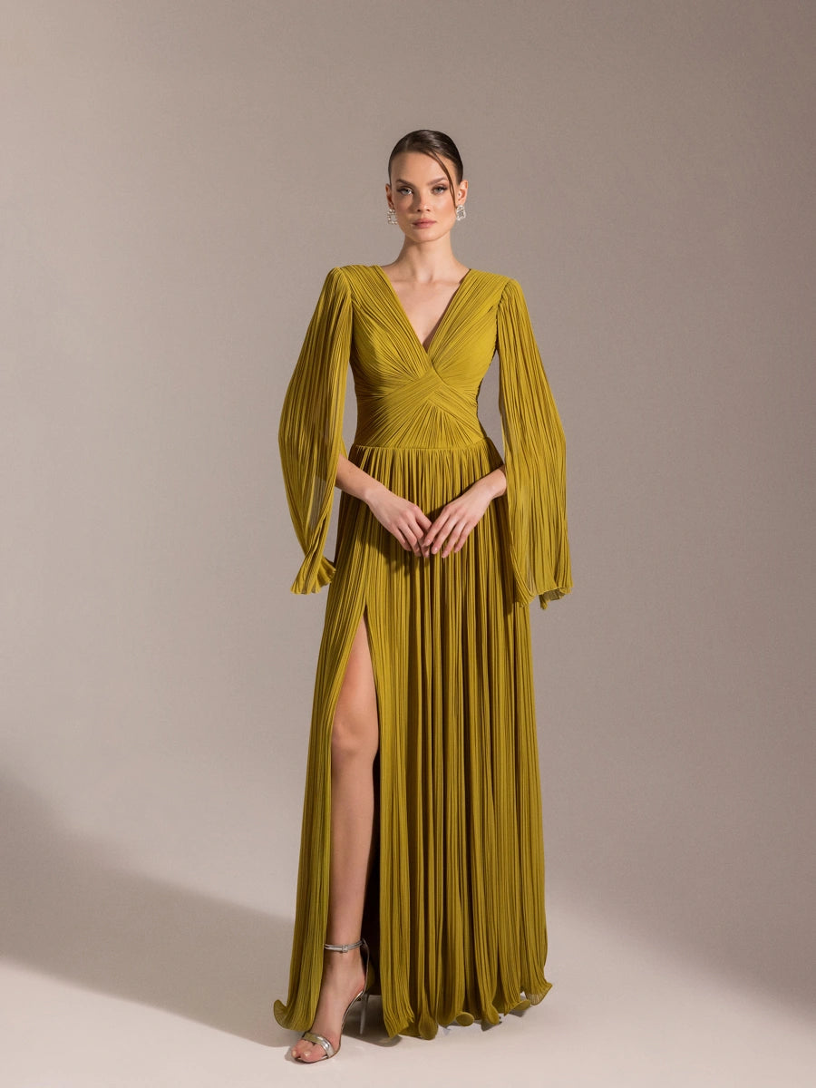 25024-Uzun Kol Kloş Abiye Elbise