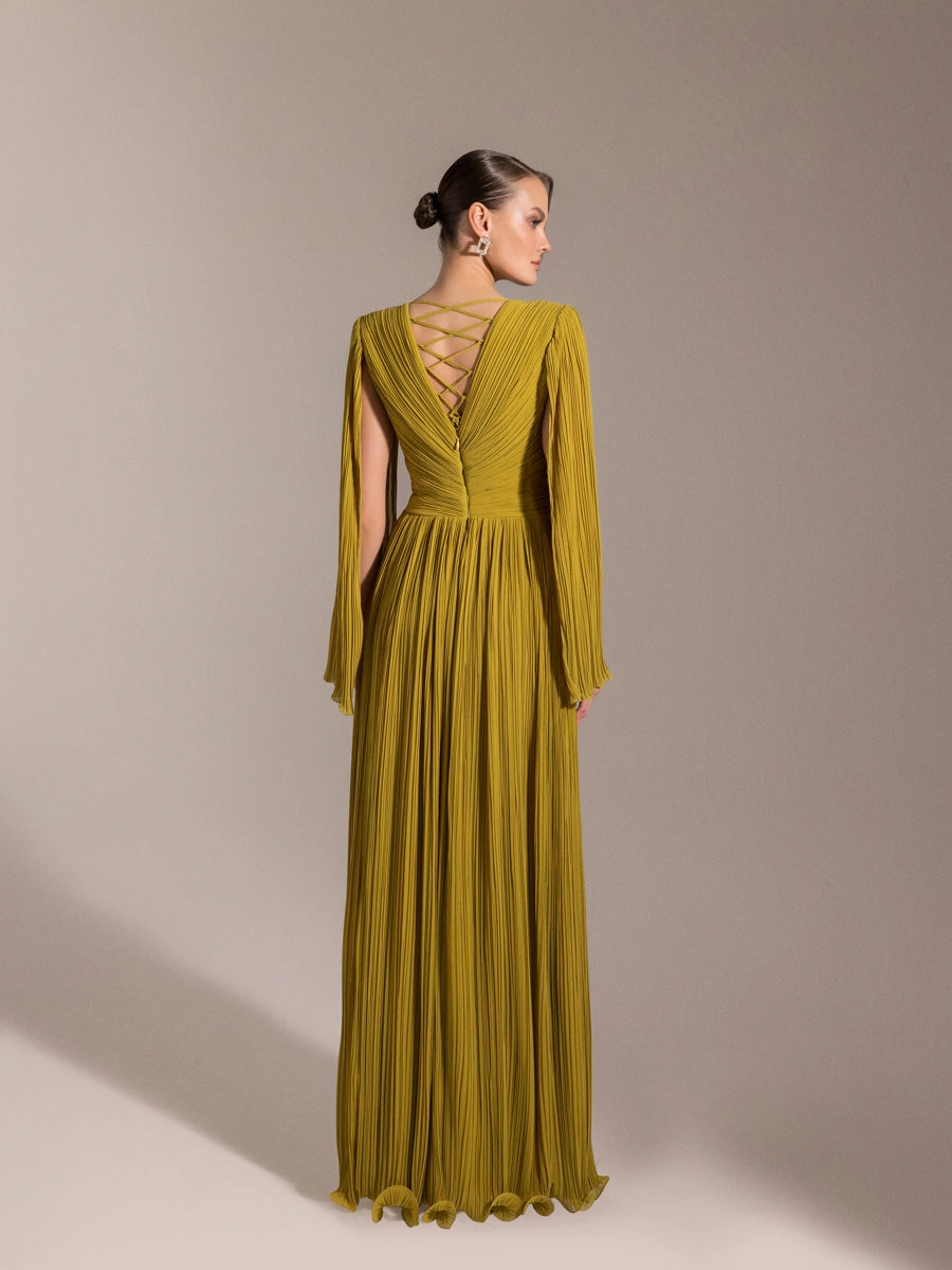 25024-Uzun Kol Kloş Abiye Elbise