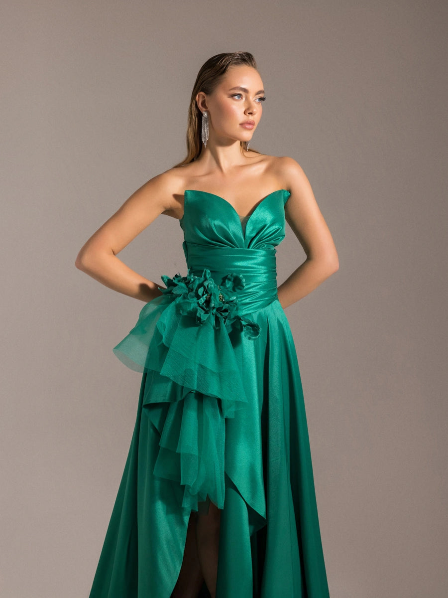 25027-Beli Çiçek Detaylı Dokuma Prenses Elbise