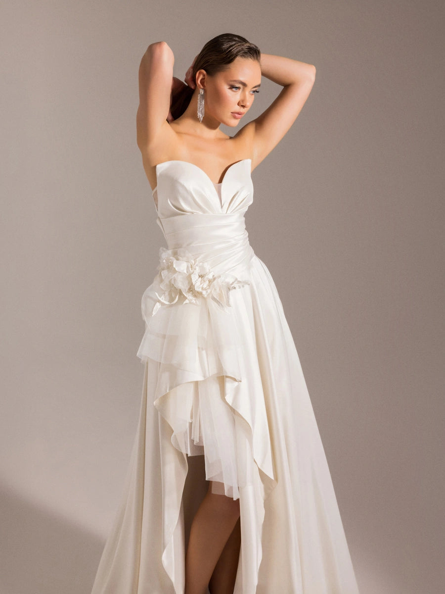 25027-Beli Çiçek Detaylı Dokuma Prenses Elbise