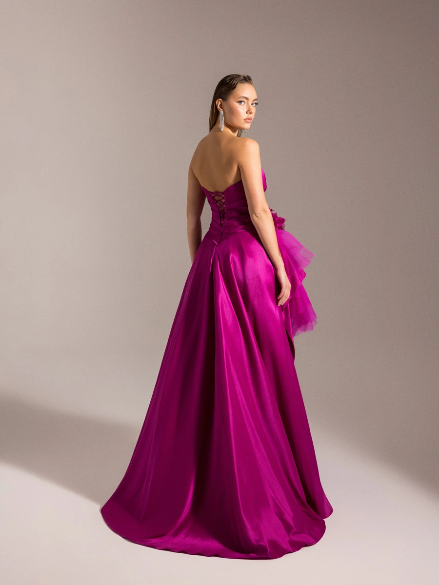 25027-Beli Çiçek Detaylı Dokuma Prenses Elbise