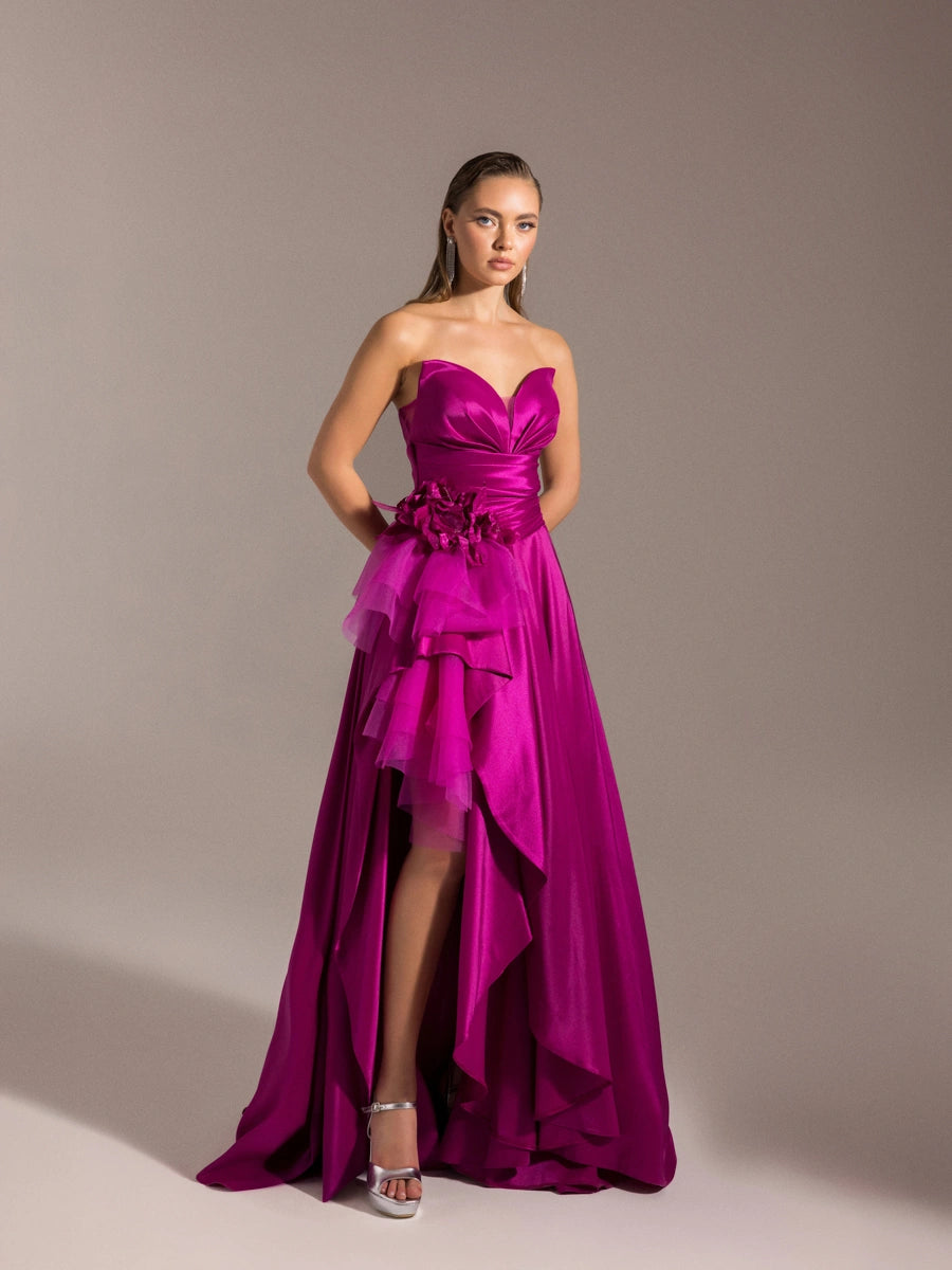 25027-Beli Çiçek Detaylı Dokuma Prenses Elbise