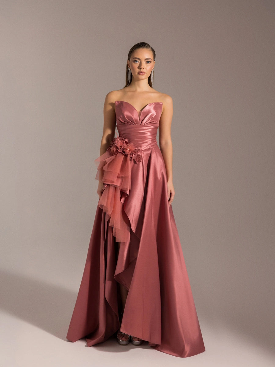 25027-Beli Çiçek Detaylı Dokuma Prenses Elbise