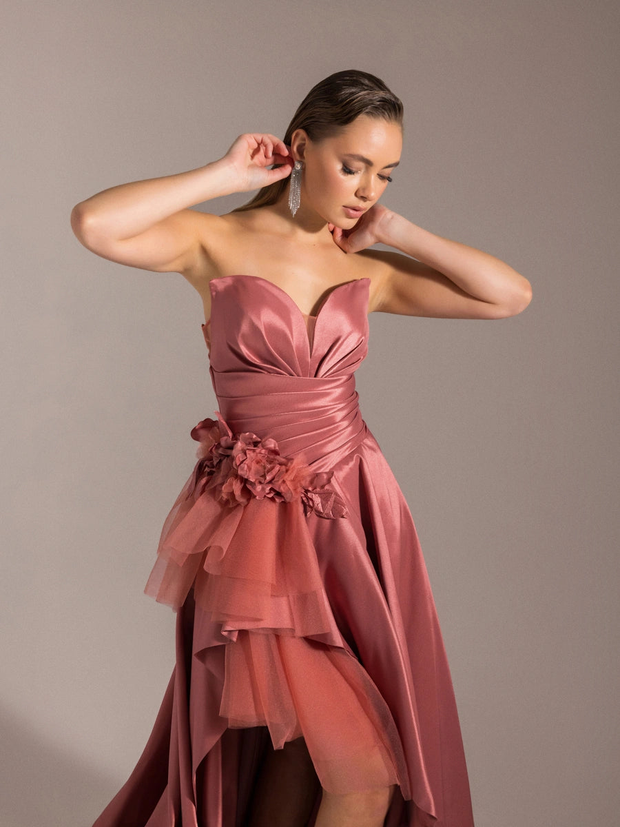 25027-Beli Çiçek Detaylı Dokuma Prenses Elbise