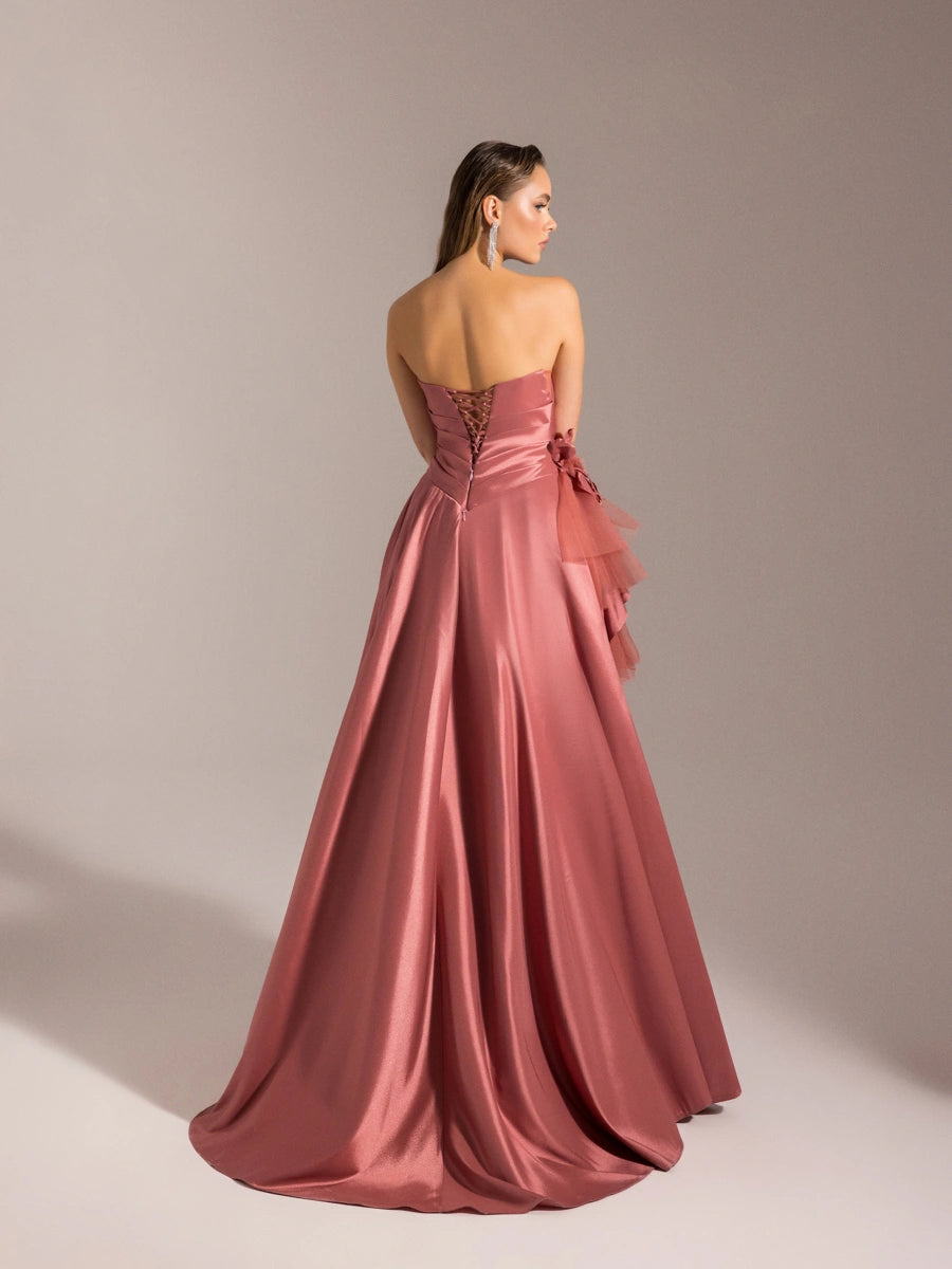 25027-Beli Çiçek Detaylı Dokuma Prenses Elbise