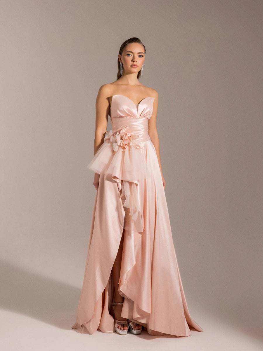 25027-Beli Çiçek Detaylı Dokuma Prenses Elbise