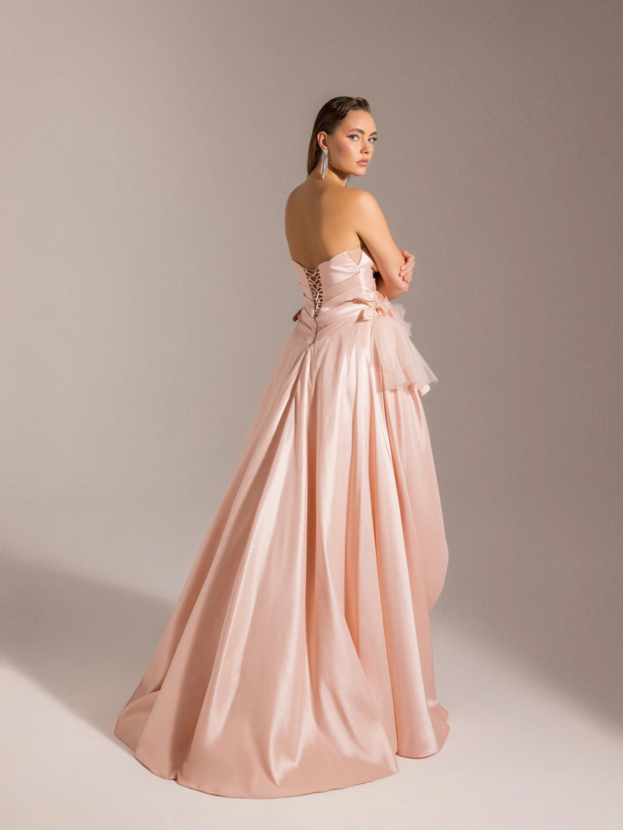 25027-Beli Çiçek Detaylı Dokuma Prenses Elbise