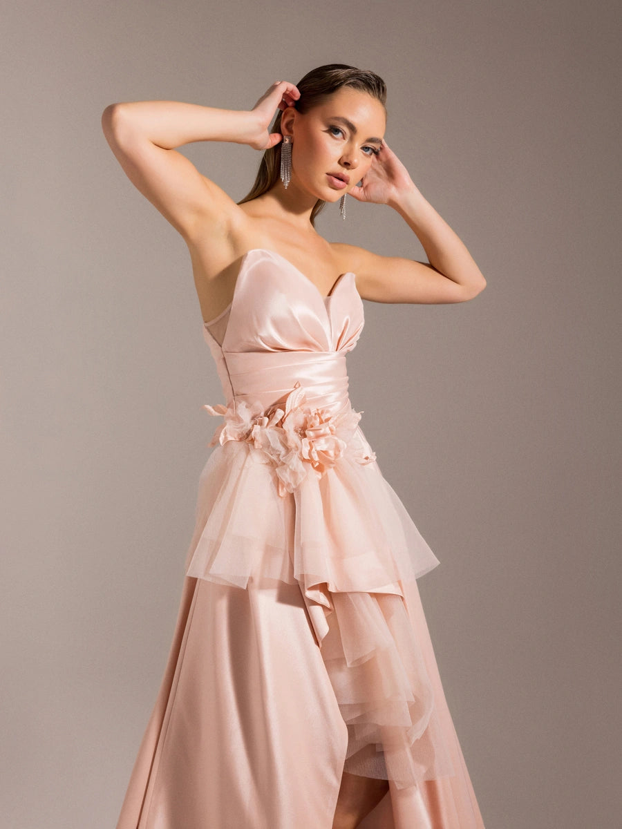 25027-Beli Çiçek Detaylı Dokuma Prenses Elbise