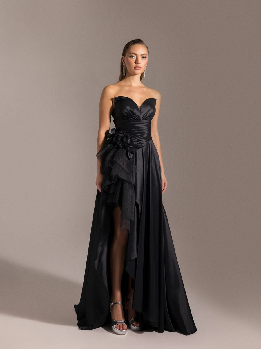 25027-Beli Çiçek Detaylı Dokuma Prenses Elbise