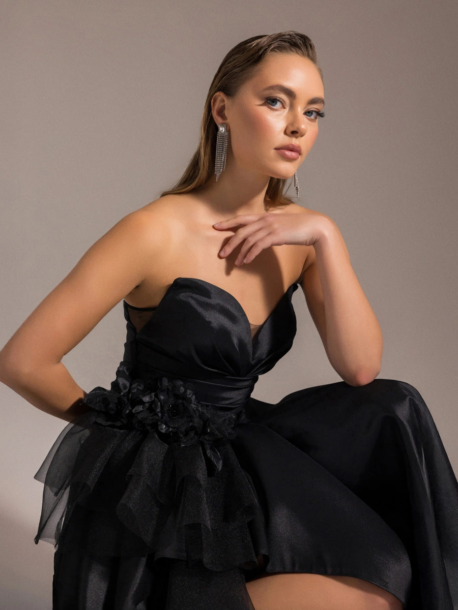 25027-Beli Çiçek Detaylı Dokuma Prenses Elbise