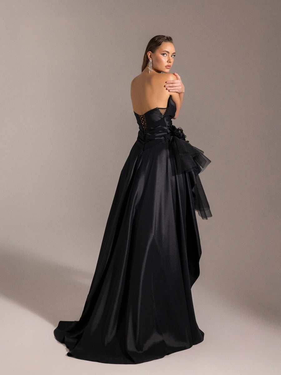 25027-Beli Çiçek Detaylı Dokuma Prenses Elbise