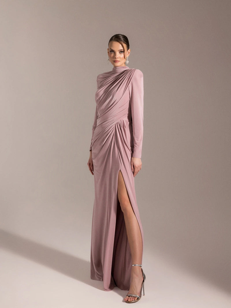 25028-Çiçek Detaylı Yırtmaçlı Abiye Elbise