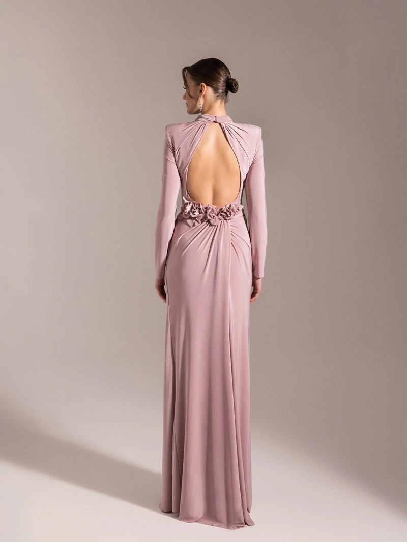 25028-Çiçek Detaylı Yırtmaçlı Abiye Elbise