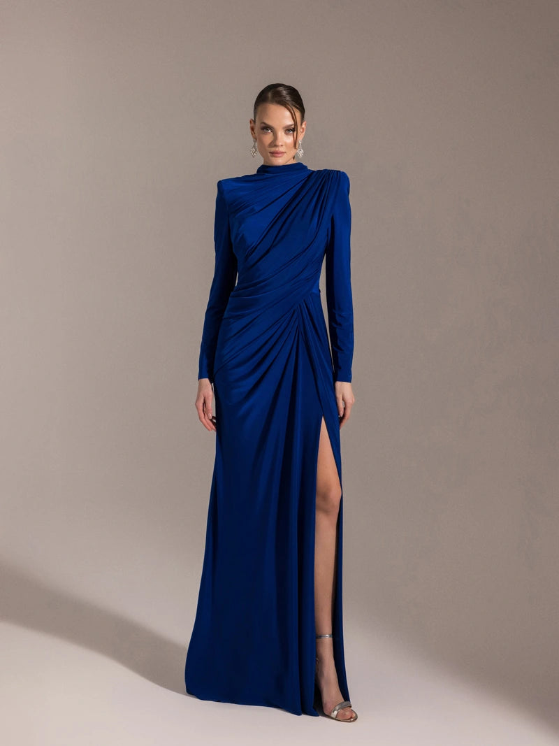 25028-Çiçek Detaylı Yırtmaçlı Abiye Elbise