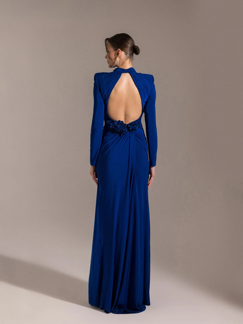 25028-Çiçek Detaylı Yırtmaçlı Abiye Elbise