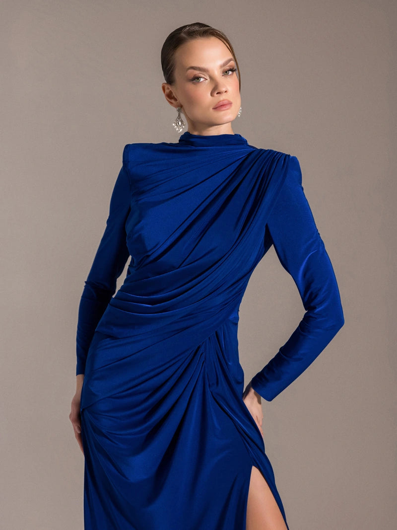 25028-Çiçek Detaylı Yırtmaçlı Abiye Elbise