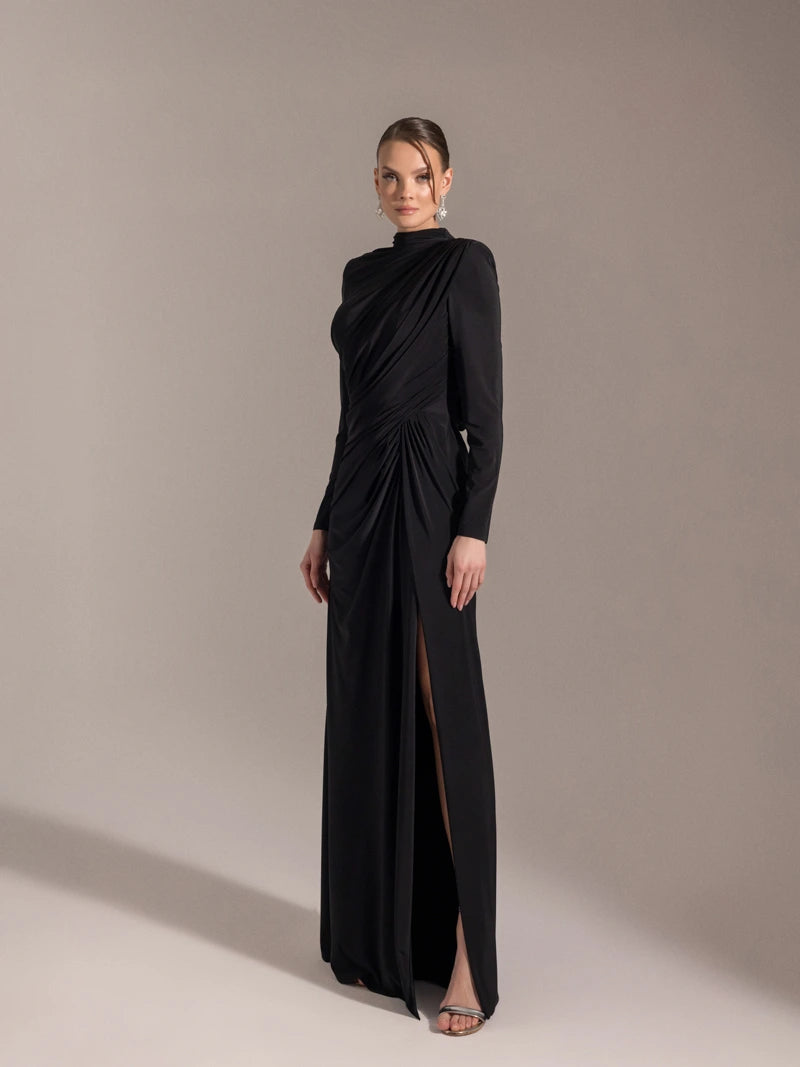 25028-Çiçek Detaylı Yırtmaçlı Abiye Elbise