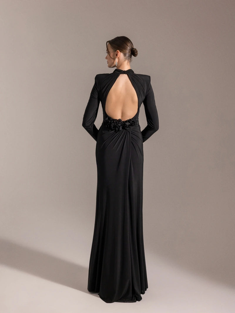 25028-Çiçek Detaylı Yırtmaçlı Abiye Elbise