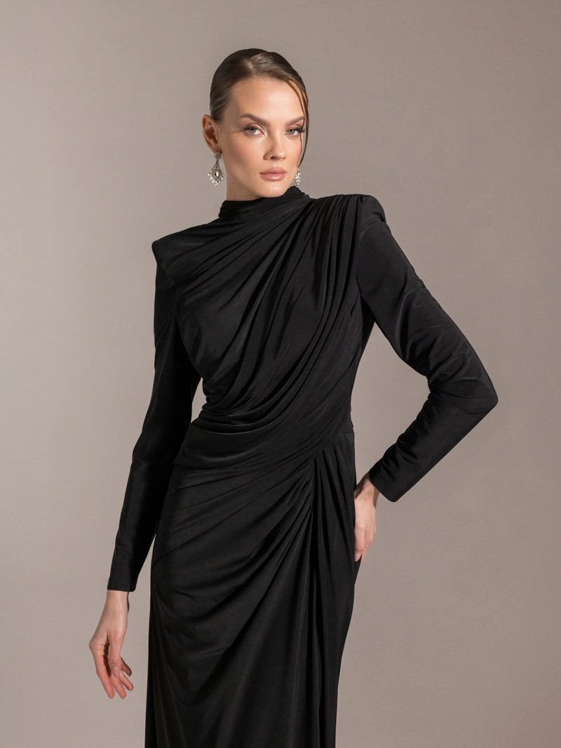 25028-Çiçek Detaylı Yırtmaçlı Abiye Elbise