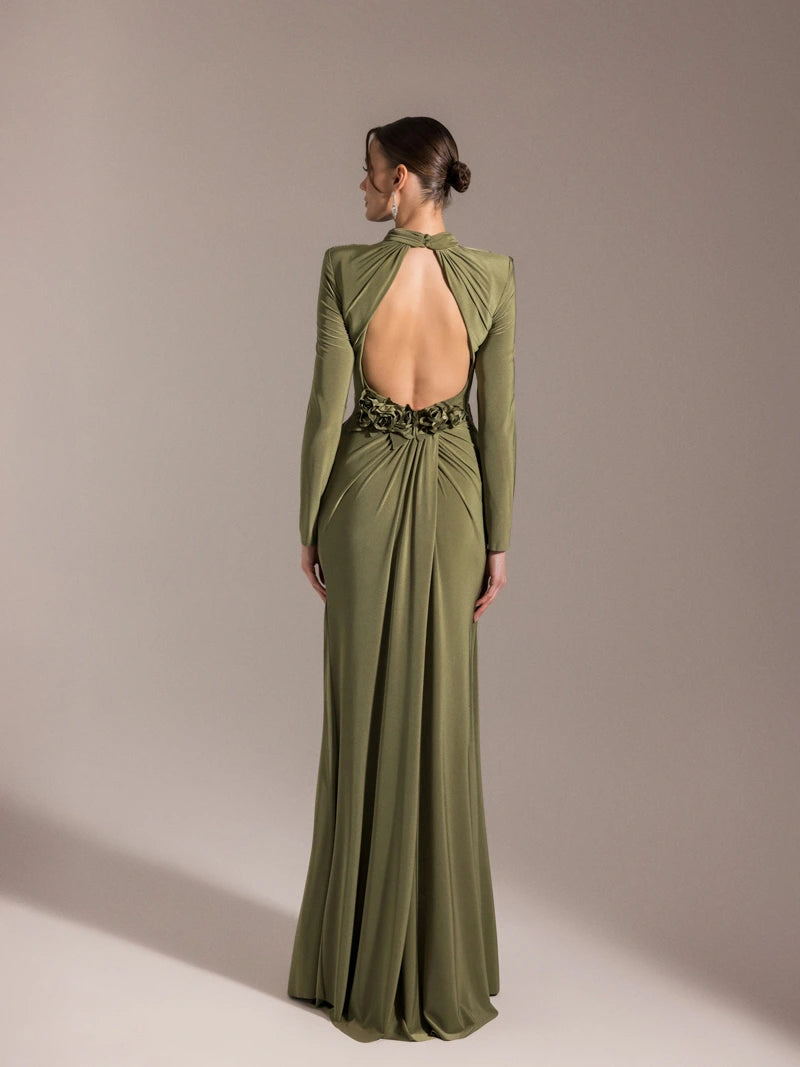 25028-Çiçek Detaylı Yırtmaçlı Abiye Elbise