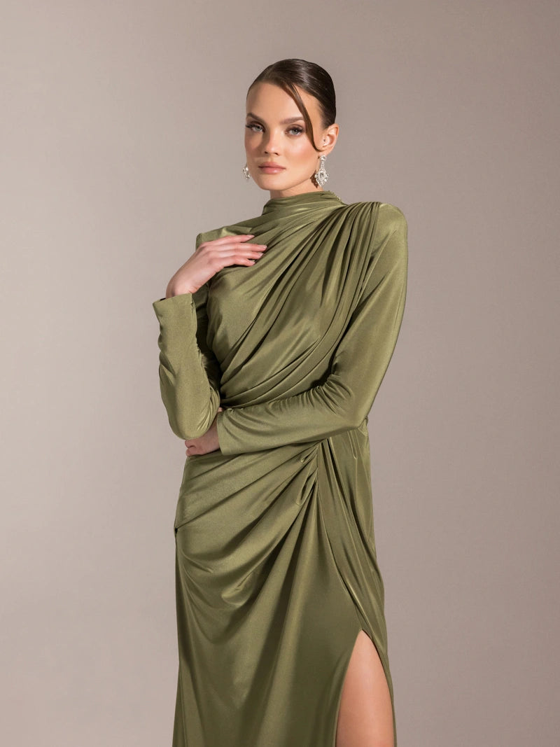 25028-Çiçek Detaylı Yırtmaçlı Abiye Elbise