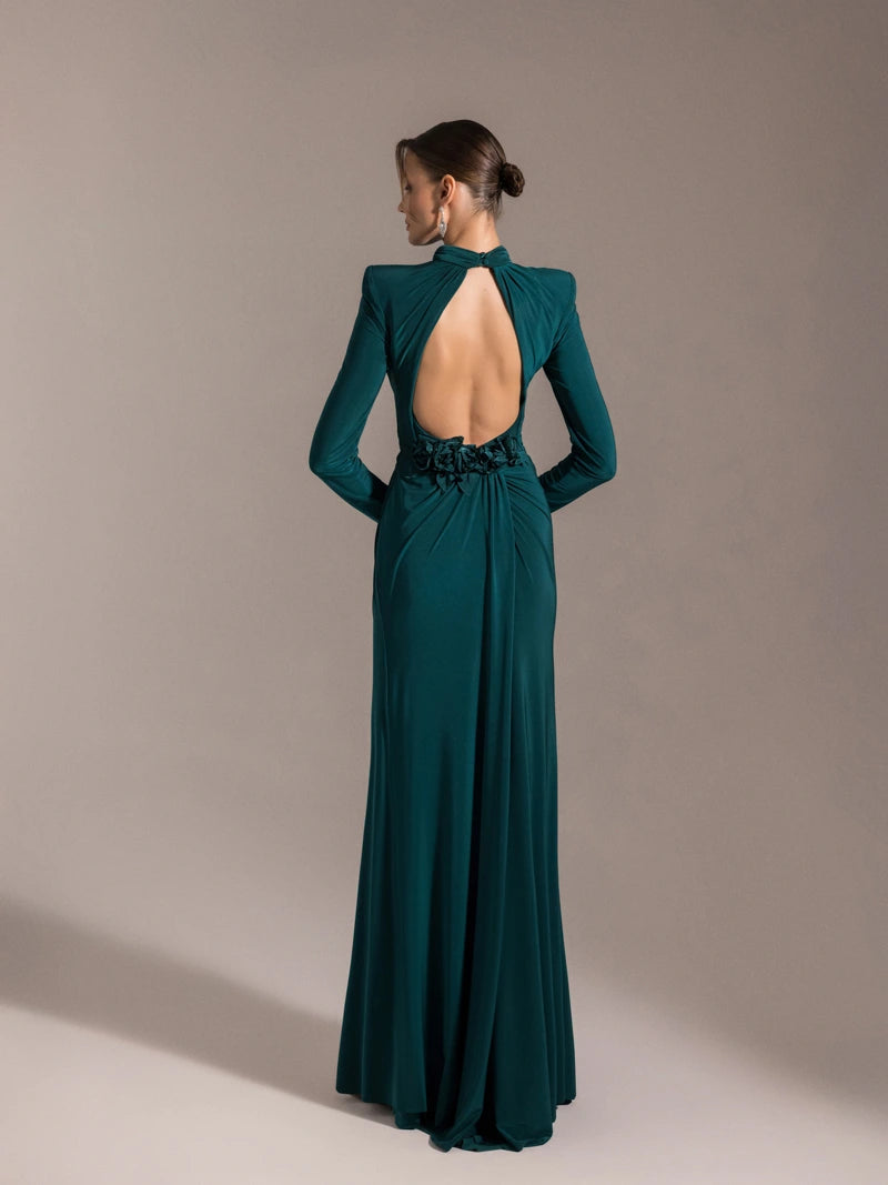 25028-Çiçek Detaylı Yırtmaçlı Abiye Elbise