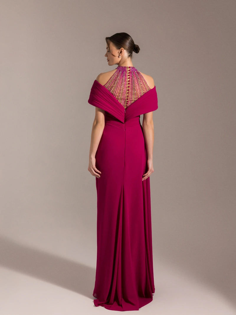 25031-Hakim Yaka Dekolte Detaylı Drapeli Yırtmaçlı Elbise