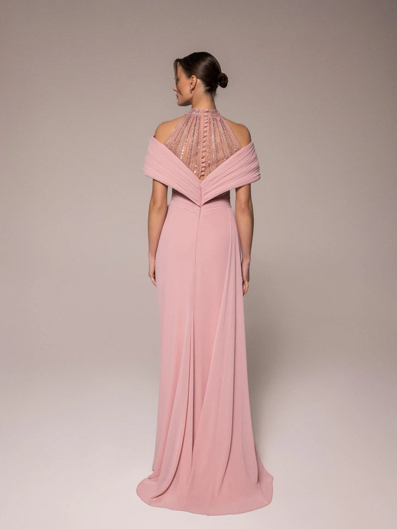 25031-Hakim Yaka Dekolte Detaylı Drapeli Yırtmaçlı Elbise