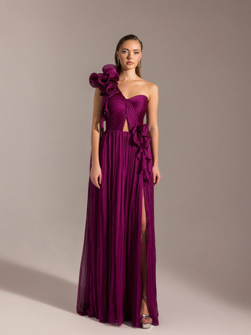 25039-Straplez Tek Omuz Detaylı Piliseli Kloş Abiye Elbise